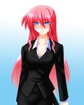  blue_eyes blush breasts cleavage engo_(aquawatery) formal hair_down highres jacket large_breasts long_hair long_sleeves lyrical_nanoha mahou_shoujo_lyrical_nanoha mahou_shoujo_lyrical_nanoha_a's pencil_skirt pink_hair signum skirt skirt_suit solo suit 