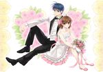  1girl blue_eyes blue_hair bouquet brown_eyes brown_hair clannad couple dress flower formal furukawa_nagisa gloves hair_flower hair_ornament height_difference hetero maha_(hyukyu6) okazaki_tomoya pink_flower pink_rose rose tuxedo yellow_flower yellow_rose 