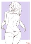  1girl artist_name ass back butt_crack commentary_request cowboy_shot from_behind hair_ornament hair_scrunchie hands_up holding holding_hair long_hair love_live! love_live!_school_idol_project monochrome panties purple_background scrunchie solo sumeragi_kohaku topless toujou_nozomi twintails underwear underwear_only 
