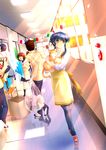  6+girls animal apron blue_hair cat clannad dutch_angle extra hallway highres hikarizaka_private_high_school_uniform holding multiple_boys multiple_girls remotaro sagara_misae school school_uniform smile solo_focus yellow_eyes 