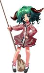  alphes_(style) animal_ears bamboo_broom broom dress green_eyes green_hair kasodani_kyouko messy_hair open_mouth parody shope short_hair smile solo style_parody touhou 