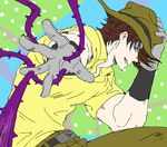  blue_eyes brown_hair drawr gloves gt4oo hand_on_headwear hat hermit_purple jojo_no_kimyou_na_bouken joseph_joestar joseph_joestar_(young) male_focus plant solo stand_(jojo) thorns time_paradox vines 