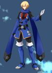  alternate_costume black_legwear blazblue blonde_hair blue_footwear boots detached_sleeves gloves green_eyes highres jin_kisaragi kaneaki_mukku male_focus scarf shoulder_pads solo thigh_boots thighhighs uniform white_gloves 