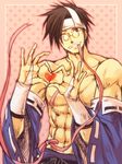  abs bridal_gauntlets brown_hair detached_sleeves glasses guilty_gear headband heart heart_hands japanese_clothes mito_anji mouth_hold muscle one_eye_closed pince-nez ribbon shirtless short_hair tatsuki_maki wide_sleeves 