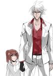  1girl blazblue blazblue_phase_0 brown_eyes brown_hair casual celica_a_mercury child cosplay formal gloves hair_ornament hairclip hood hoodie kaneaki_mukku kiryuu_kazuma kiryuu_kazuma_(cosplay) ponytail ragna_the_bloodedge ryuu_ga_gotoku sawamura_haruka sawamura_haruka_(cosplay) shirt single_glove smile spiked_hair spoilers suit younger 