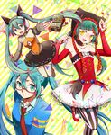  cat_food_(vocaloid) glasses green_eyes green_hair hatsune_miku headphones long_hair monochro_blue_sky_(vocaloid) multiple_girls necktie odds_&amp;_ends_(vocaloid) open_mouth pantyhose paw_pose project_diva_(series) project_diva_f robot skirt striped striped_background striped_legwear thighhighs twintails vertical-striped_legwear vertical_stripes very_long_hair vocaloid yamano yellow_eyes 