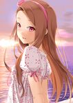  blush brown_hair cloud flower hair_ornament hairband idolmaster idolmaster_(classic) idolmaster_2 long_hair minase_iori miri_(ago550421) ocean open_mouth pink_eyes puffy_sleeves rose short_sleeves sky solo sunset upper_body 