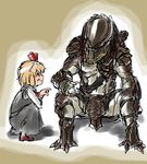  armor berserker_predator blonde_hair dress fishnets gauntlets hairlocs helmet highres mr._black nameo_(judgemasterkou) pauldrons pointing predator predator_(movie) predators red_eyes ribbon rumia shadow shoes short_hair shoulder_cannon simple_background touhou 