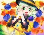  bad_id bad_pixiv_id blue_flower blue_rose flower glowing glowing_eyes green_eyes green_hair hands_clasped hat highres komeiji_koishi onyuuuu open_mouth own_hands_together red_flower red_rose rose solo third_eye touhou 