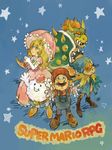  1girl blonde_hair blue_eyes bowser brown_hair cape cloak crown doll_joints facial_hair geno_(mario) gloves hat jewelry koyama mallow_(mario) mario mario_(series) mustache princess_peach smile star super_mario_bros. super_mario_rpg 