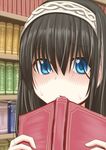  blue_eyes blush book bookshelf face grey_hair hairband idolmaster idolmaster_cinderella_girls long_hair open_mouth raryuu sagisawa_fumika solo sweat 