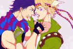  anger_vein blonde_hair blue_eyes blue_hair caesar_anthonio_zeppeli cheek_squash facial_mark fingerless_gloves gloves green_eyes green_jacket head_wings headband jacket jojo_no_kimyou_na_bouken joseph_joestar_(young) multiple_boys ri_no_hito scarf 