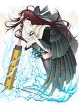 ahoge alternate_wings arm_cannon bad_id bad_pixiv_id black_legwear breasts brown_hair cape cleavage elbow_gloves electricity embellished_costume gloves hair_ribbon large_breasts long_hair looking_up mechanical_wings ogino_(oginogino) profile reiuji_utsuho ribbon skirt thighhighs torn_clothes touhou weapon wings 