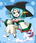  bare_shoulders between_breasts blue_eyes blue_hair breasts chibi dress front_ponytail hat jewelry kugelschreiber magi_the_labyrinth_of_magic shell shell_bikini sidesaddle solo staff witch_hat yamuraiha 