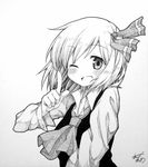  artist_name ascot blush clown_222 greyscale hair_ribbon hands highres looking_at_viewer millipen_(medium) monochrome one_eye_closed open_mouth ribbon rumia shikishi short_hair signature sketch smile solo touhou traditional_media upper_body 