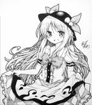  blush bow clown_222 dress food fruit greyscale hat highres hinanawi_tenshi long_hair looking_at_viewer millipen_(medium) monochrome open_mouth peach shikishi signature sketch smile solo touhou traditional_media upper_body very_long_hair 