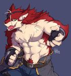  anthro belt biceps canine chest_tuft clothing eye_patch eyewear fur male mammal muscles pants pecs plain_background pose red_fur robbw solo topless tuft wolf yellow_eyes 