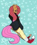  anthro anthrofied clothing cyan_eyes equine female fluttershy_(mlp) friendship_is_magic fur hair horse looking_at_viewer looking_back mammal mewball my_little_pony pegasus pink_hair pony sad scratches simple_background solo sweater wings yellow_fur 