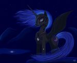  armor black_fur black_nose blue_eyes blue_hair crest cutie_mark equine female feral friendship_is_magic fur hair helmet horn horse jewelry looking_at_viewer mammal mountain my_little_pony necklace night nightmare_moon_(mlp) ostfront outside pony pose sky solo standing stars water wind winged_unicorn wings 