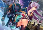  animal_ears ass black_legwear blue_eyes bodysuit cat_ears cityscape elbow_gloves fake_animal_ears from_behind gloves heterochromia highres leotard looking_at_viewer looking_back machinery mecha original outstretched_arm pink_eyes purple_hair purple_legwear robot_ears symbol-shaped_pupils tail thighhighs yuzu_modoki 