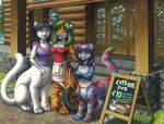  black_hair cat chakat chakat_blacktail chakat_colorpot chakat_midsnow clothing door feline female green_hair hair heterochromia kacey mammal pen pub purple_hair reflection shirt sign taur 