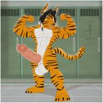  aaron_(artist) abs anthro anthrofied balls biceps big big_balls big_muscles big_penis black_fur black_hair black_nose body_markings circumcised claws erection fangs feline flexing fur grey_eyes grin hair hyper leaking locker_room lockers looking_at_viewer male mammal markings muscles nipples nude one_eye_closed orange_fur pecs penis pose precum presenting sheath smile solo standing stripes teeth thick thick_penis tiger toe_claws toned tongue vein white_fur white_hair wink 