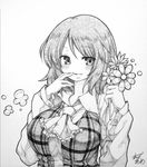 artist_name ascot blush breasts clown_222 dress_shirt finger_to_mouth flower greyscale highres holding holding_flower kazami_yuuka large_breasts looking_at_viewer millipen_(medium) monochrome shikishi shirt short_hair signature sketch smile solo touhou traditional_media upper_body vest 