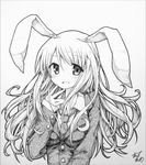  animal_ears artist_name blazer blush bunny_ears clown_222 crescent greyscale highres jacket long_hair looking_at_viewer millipen_(medium) monochrome open_mouth reisen_udongein_inaba shikishi signature sketch smile solo touhou traditional_media upper_body 