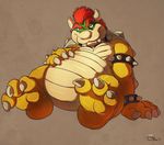  3_toes biceps bowser bowser_day chubby claws collar donryu foot_focus hair hindpaw horn king koopa looking_at_viewer male mario_bros nintendo nude obese overweight paws plain_background reptile royalty scalie shell sitting soles solo spikes toes turtle video_games wristband 