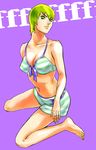  bikini bikini_shorts foo_fighters front-tie_top green_eyes green_hair jojo_no_kimyou_na_bouken short_hair shorts solo swimsuit yasuhito_(yasu_no_e) 