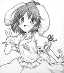  :d animal_ears artist_name bunny_ears carrot clown_222 dress greyscale highres inaba_tewi looking_at_viewer millipen_(medium) monochrome necktie open_mouth shikishi short_hair signature sketch smile solo touhou traditional_media upper_body v 