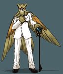  avian beard bird brown_feathers brown_markings claws clothed clothing facial_hair grey_background looking_at_viewer magic_user male multiple_eyes owl pants plain_background polearm red_eyes shoes solo staff standing suit white_clothing 