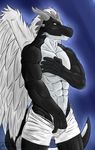  anthro biceps big_muscles black_dragon black_skin blue_background blue_eyes clothing dragon fangs feathers front grey_hair grey_skin grope hair horn male muscles pants pants_down panty_pull pec_grasp pecs plain_background pose rega reptile scales scalie shorts solo standing teeth toned topless undressing white_hair white_skin wings xxzerkkandragonxx 