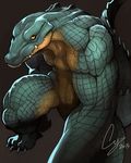  anthro brown_background green_scales male mercyguy plain_background pose reptile scalie solo yellow_eyes 