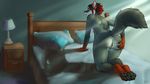  anthro anus bed breasts butt butt_grab canine claws darwin&#039;s_fox darwin's_fox digitigrade female fox fur green_eyes grey_fur hair hindpaw iggi inside lamp looking_at_viewer mammal nude pawpads paws pillow presenting pussy soles solo spreading toes vixe 