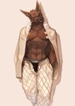  anthro biceps brown_fur canine clothing ear_piercing fox fur male mammal moodraw muscles nipples open_shirt pants pecs piercing plain_background pose red_eyes scar shirt smoking solo standing toned underwear white_background 