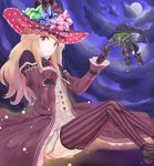  bad_id bad_pixiv_id blonde_hair boots character_request cloud dress fantasy_earth_zero flower full_moon gloves goblin hat highres long_hair melsy moon night night_sky red_eyes sitting sky solo striped striped_legwear thighhighs vertical_stripes 