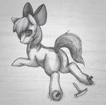  aisu-isme ambiguous_gender apple_bloom_(mlp) bow creepy drawing equine feral friendship_is_magic greyscale hammer horse looking_at_viewer lying mammal monochrome my_little_pony nail on_front ouch pony young 