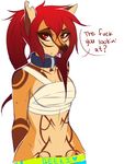  anthro breasts canine dialog english_text female fox geekidog hair mammal plain_background red_eyes red_hair solo text underwear white_background 