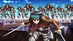  black_eyes black_hair blank_eyes boots dual_wielding emblem goggles holding kishi_nisen mikasa_ackerman multiple_girls namesake paradis_military_uniform parody scarf shingeki_no_kyojin short_hair sword thigh_strap three-dimensional_maneuver_gear to_aru_kagaku_no_railgun to_aru_majutsu_no_index training_corps_(emblem) uniform weapon 