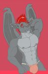  anthro bat biceps bulge flexing flit hair looking_at_viewer male mammal muscles navel nipple_piercing nipples pecs piercing plain_background pose red_eyes red_hair solo toned topless wings 