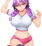  bad_id bad_pixiv_id braid breasts gym_uniform hair_over_shoulder large_breasts midriff mole mole_under_eye nail_polish navel oni-noboru original pink_eyes purple_hair simple_background solo twin_braids white_background 