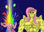  abs anthro anthrofied blue_background crossgender death duo equine fist_of_the_north_star fluttershy_(mlp) friendship_is_magic hair horse human humanized kenshiro male mammal muscles my_little_pony parody pink_body pink_hair pinkie_pie_(mlp) plain_background pony rainbow wings yellow_body zap_apple_acid_trip 
