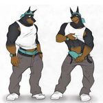  anthro bandanna belt biceps big_muscles black_fur black_nose boxers brass_(artist) brown_fur bulge canine clothed clothing doberman dog footwear fur male mammal model_sheet muscles pants pecs plain_background pose shirt shirt_lift shoes solo standing tank_top thug underwear undressing vpl watch white_background 