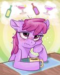  alcohol berry_punch_(mlp) beverage bloodshot_eyes blush bottle cocoa coffee coffee_mug cup equine eyelashes female feral friendship_is_magic frown graystripe64 hair hangover horse hungover liquor looking_at_viewer mammal martini martini_glass messy_hair mug my_little_pony pony purple_eyes sitting solo steam table table_mat wine wood 