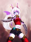  belt blue_eyes buckles canine clothed clothing ear_piercing female fox geekidog hair legwear mammal markings piercing pink_nose purple_nose shorts solo thigh_highs two_tone_hair weapon white_hair 