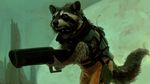  black_eyes black_fur black_nose clothing fur gun holster male mammal marvel moon mountain raccoon ranged_weapon rocket_launcher rocket_raccoon sci-fi sky solo unknown_artist weapon white_fur 