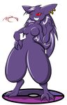  anthrofied breasts ear_piercing female gengar ghost hair hand_on_hip invalid_color looking_at_viewer m-a-c-d middle_finger nintendo piercing plain_background pok&#233;mon pok&#233;morph pok&eacute;mon red_eyes smile solo spirit standing thick_thighs video_games white_background 