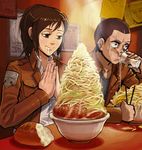  1girl 27_degrees bread brown_eyes brown_hair chopsticks connie_springer drinking drooling emblem food glass highres hungry jacket jirou_(ramen) noodles paradis_military_uniform ponytail ramen saliva sasha_braus shingeki_no_kyojin short_hair smile spicy sweat training_corps_(emblem) water 