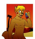  black_nose blonde_hair blue_eyes brown_fur facial_markings fur hair male markings mongoose nipples nude seaside solo vasuki 